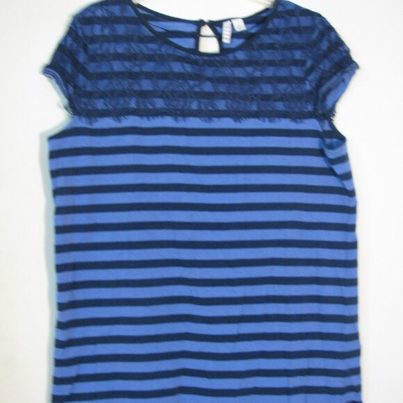 * Elle Casual Blouse Large Blue Stripes Lace Detail - Picture 1 of 4